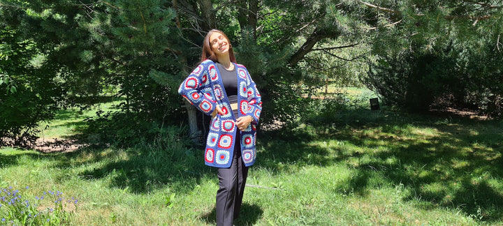 Blue Crochet Cardigan, Granny Square Afghan Cardigan, Knit Patchwork Jacket, Festival Dress, Boho Cardigan, Long Oversized Sweater, Gift Her