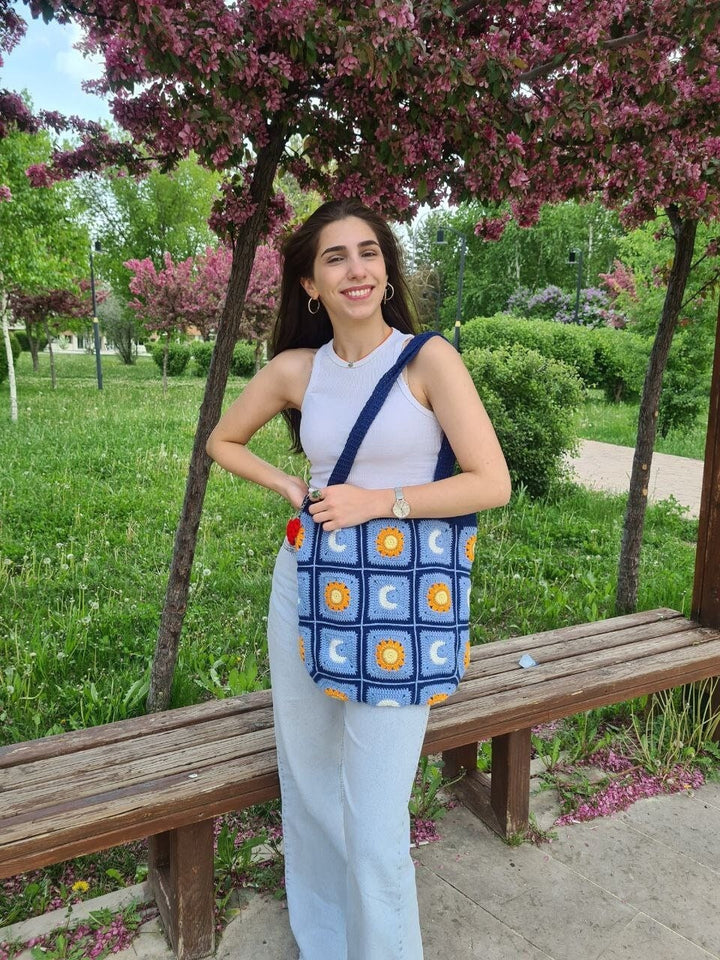 Blue Crochet Bag, Sun and Moon Crochet Bags, Shoulder HandKnit Bag, Mini Women Bag, Crochet Bag, Crochet Purse, Knit Bag, Crochet Tote