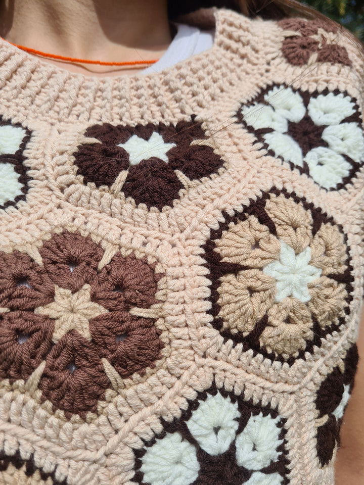 Ready to ship Brown Daisy Crochet Vests, Festival Vest, Granny Square Boho Top, Knitted Patchwork Sweater, Knitted Crochet, Boho