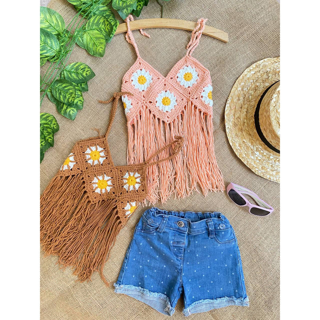 Summer Baby Clothes, Sunflower Daisy Crop Top, crochet sunflower fringe crop top, Knitted crop top, toddler baby girl first birthday outfit