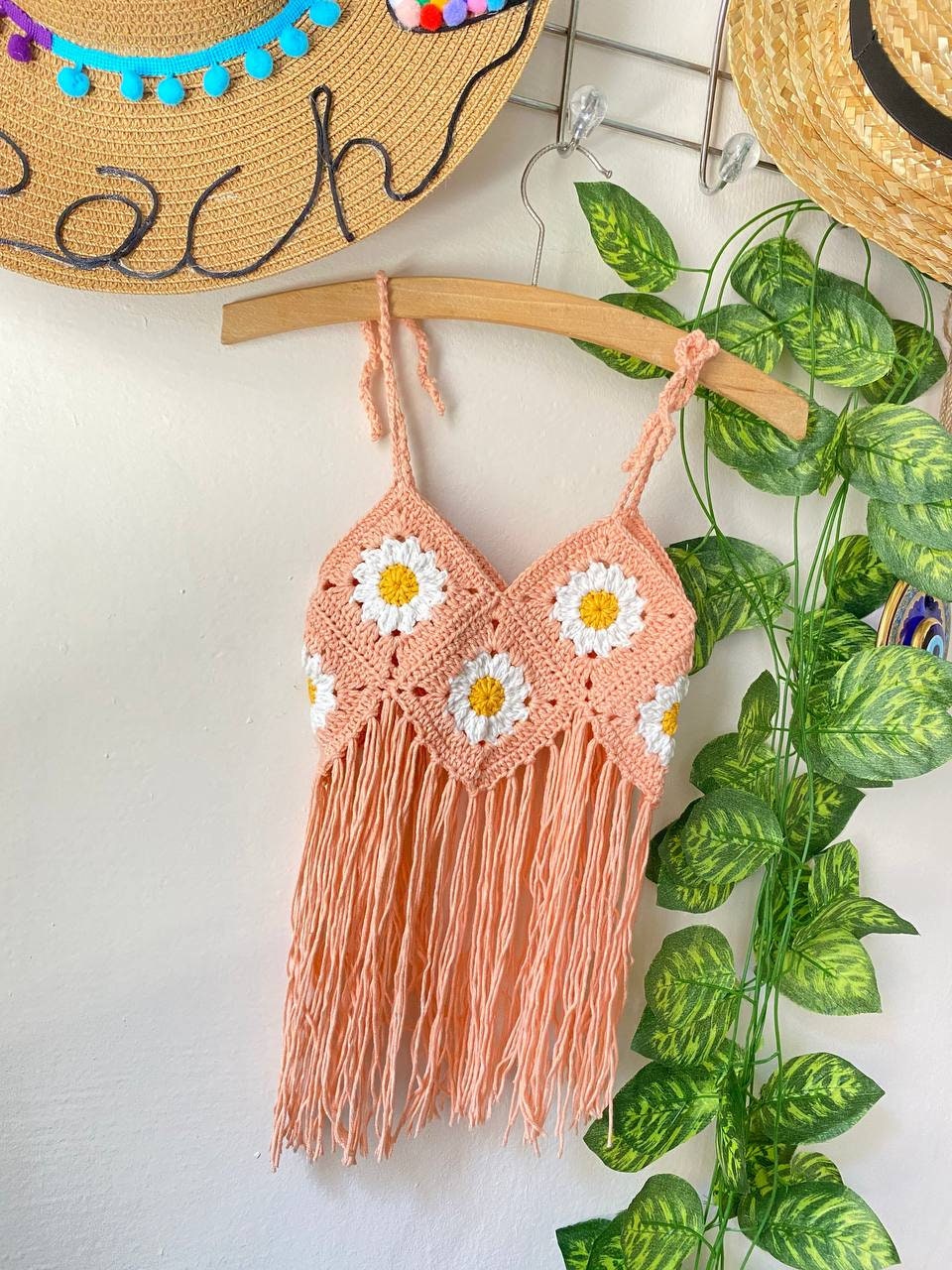 Summer Baby Clothes, Sunflower Daisy Crop Top, crochet sunflower fringe crop top, Knitted crop top, toddler baby girl first birthday outfit