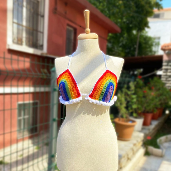 Crochet LGBTQ Top, Crochet Pride Rainbow Halter Top, Crochet Pride Top, Knitted Boho Hippie Top, Festival Crop Top, Rainbow Summer Top