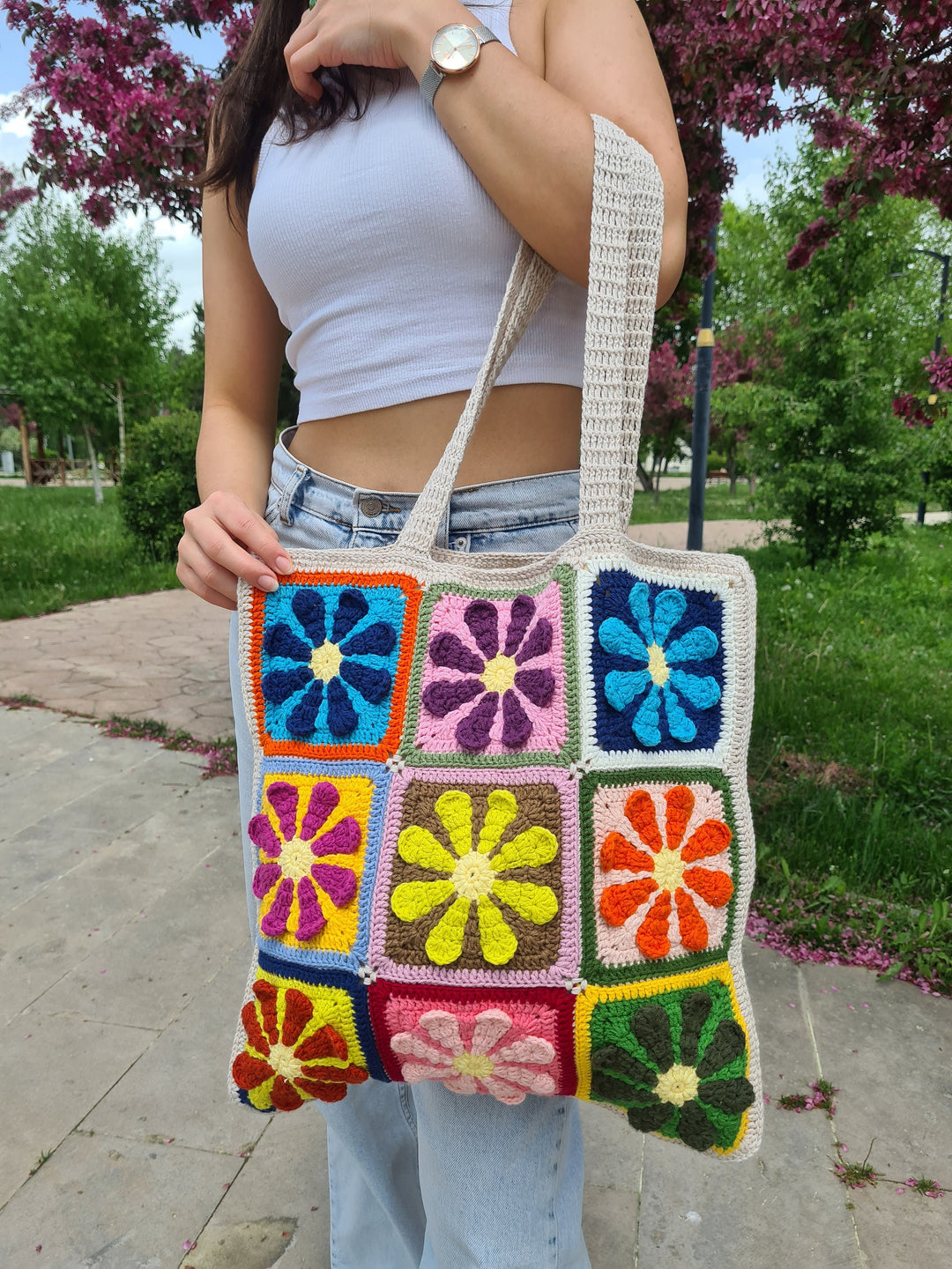 Crochet Daisy Bag, Crochet Purse, Knit Flower Colorful Bag, Crochet Purse, Hippie Bag, Summer Beach Bag, Women's Bag, Christmas gift