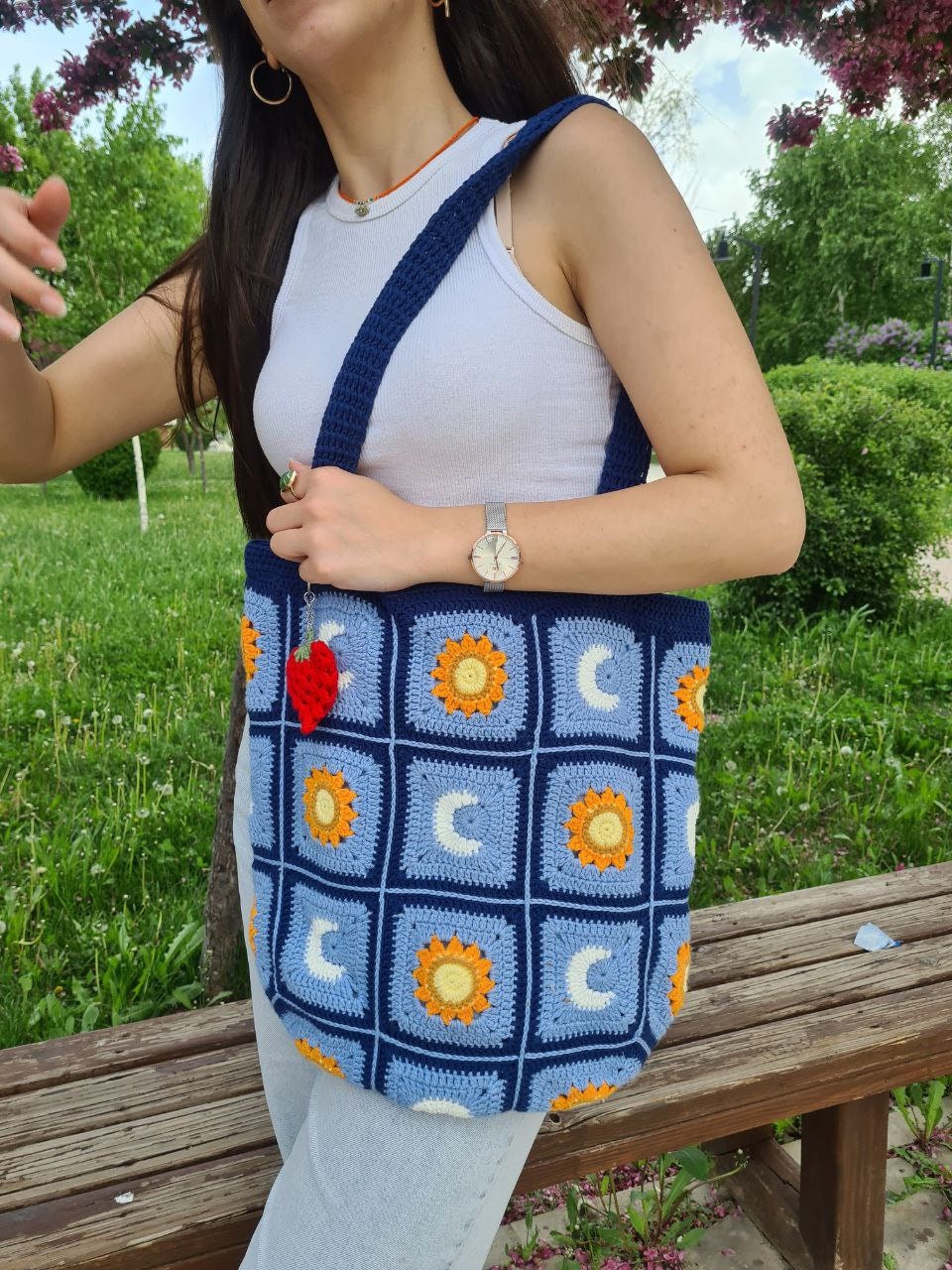 Blue Crochet Bag, Sun and Moon Crochet Bags, Shoulder HandKnit Bag, Mini Women Bag, Crochet Bag, Crochet Purse, Knit Bag, Crochet Tote