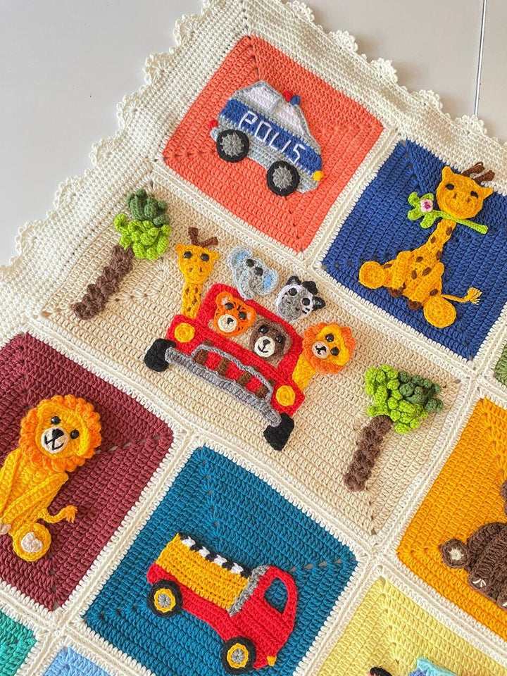 Crochet Vehicle Blanket, Police baby blanket, knitted boy blanket, Animal Baby Blanket, Knit Safari Zoo animals, Colorful Newborn Blanket