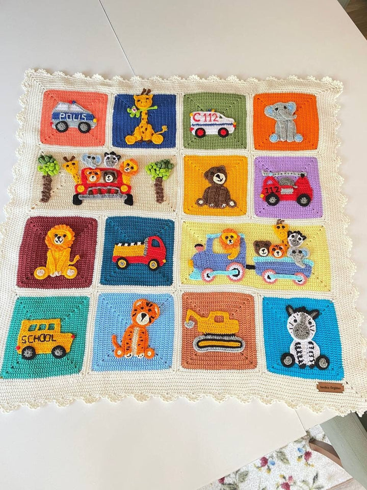 Crochet Vehicle Blanket, Police baby blanket, knitted boy blanket, Animal Baby Blanket, Knit Safari Zoo animals, Colorful Newborn Blanket