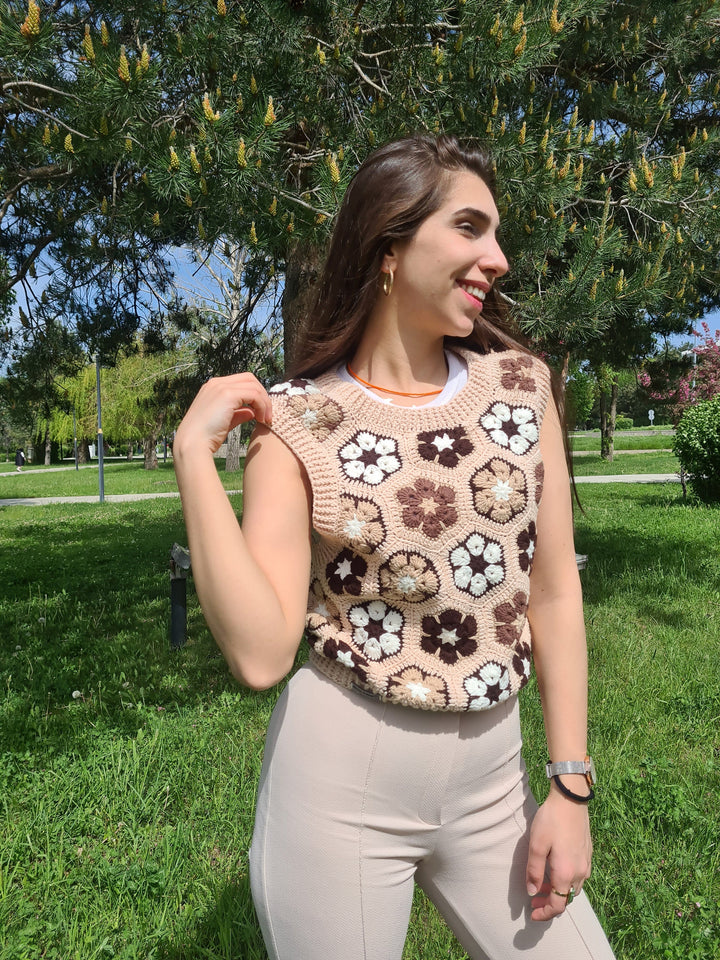 Ready to ship Brown Daisy Crochet Vests, Festival Vest, Granny Square Boho Top, Knitted Patchwork Sweater, Knitted Crochet, Boho