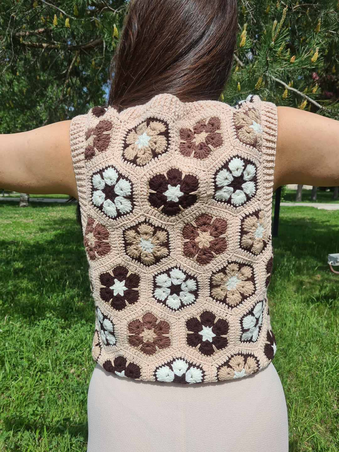 Ready to ship Brown Daisy Crochet Vests, Festival Vest, Granny Square Boho Top, Knitted Patchwork Sweater, Knitted Crochet, Boho