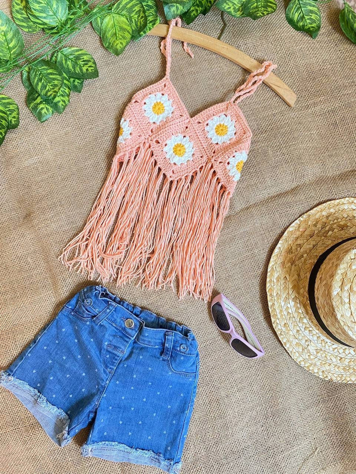 Summer Baby Clothes, Sunflower Daisy Crop Top, crochet sunflower fringe crop top, Knitted crop top, toddler baby girl first birthday outfit