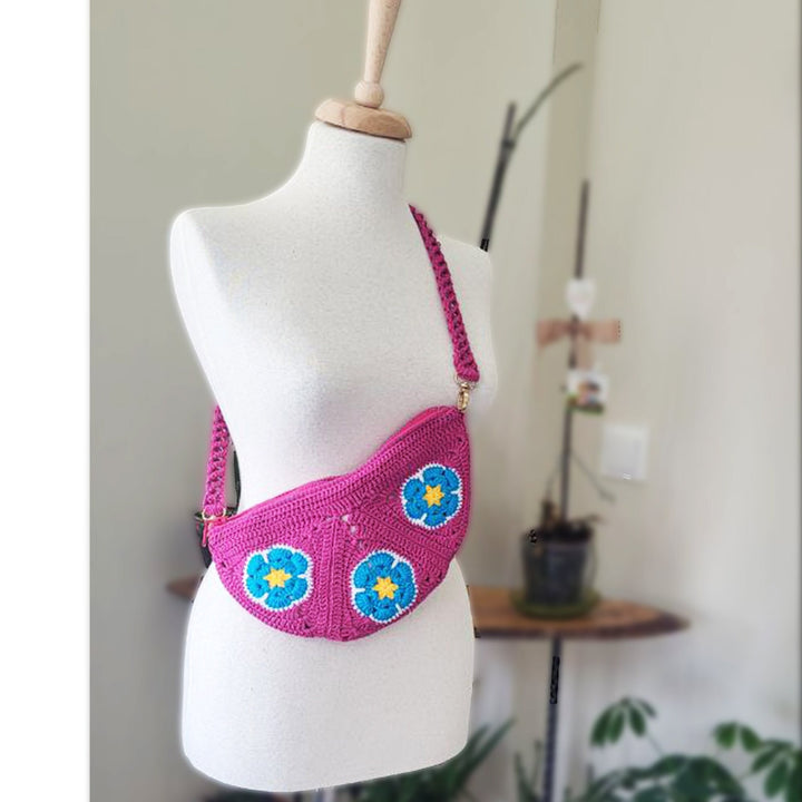 Fuscia Afrikan Flower Bum Bag, Pink Floral Knitted Fanny Bag, Crochet Daisy Bag, Crochet Granny Square Crossbody Bag, Hobo Bag Women