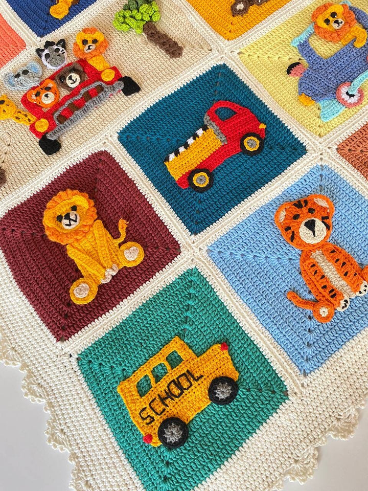 Crochet Vehicle Blanket, Police baby blanket, knitted boy blanket, Animal Baby Blanket, Knit Safari Zoo animals, Colorful Newborn Blanket