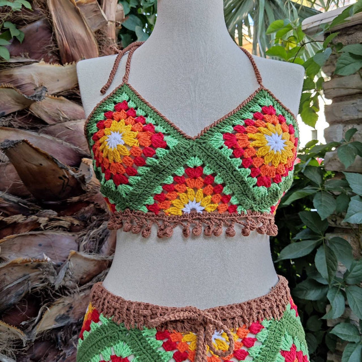 Green Knit Bikini Set, Boho Crochet Bikini, Crochet Swimsuit, Crochet boho festival bikini crop top, swimwear bralette women beachwear