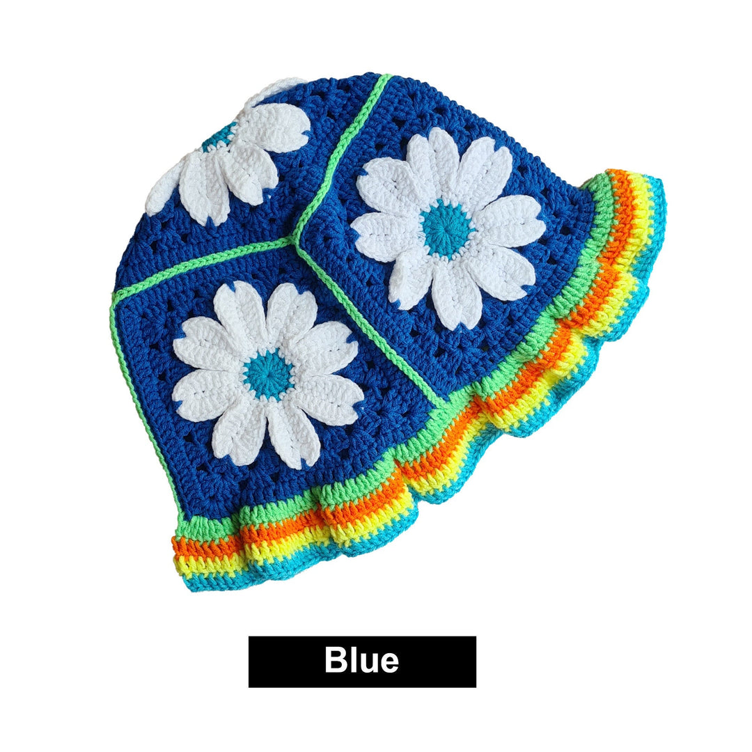 Blue Crochet bucket hat, knitted flower bucket hat, knit flower hat, festival hat, hippi hat, crochet hat, chrsitmas gift