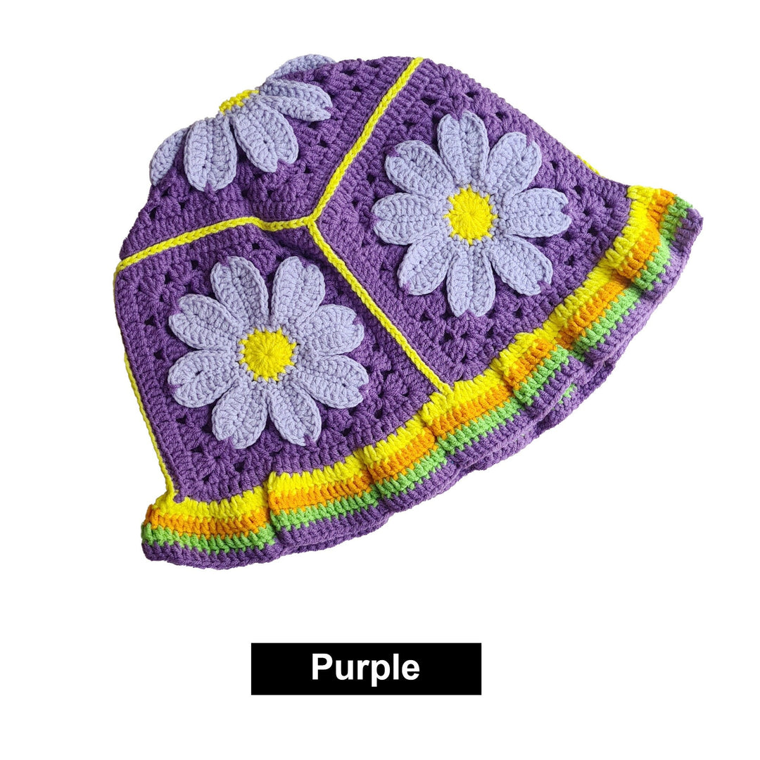 Hand Knit purple bucket hat, Colorful crochet bucket hat, knitted flower bucket hat, knit flower hat, festival hat, summer hat