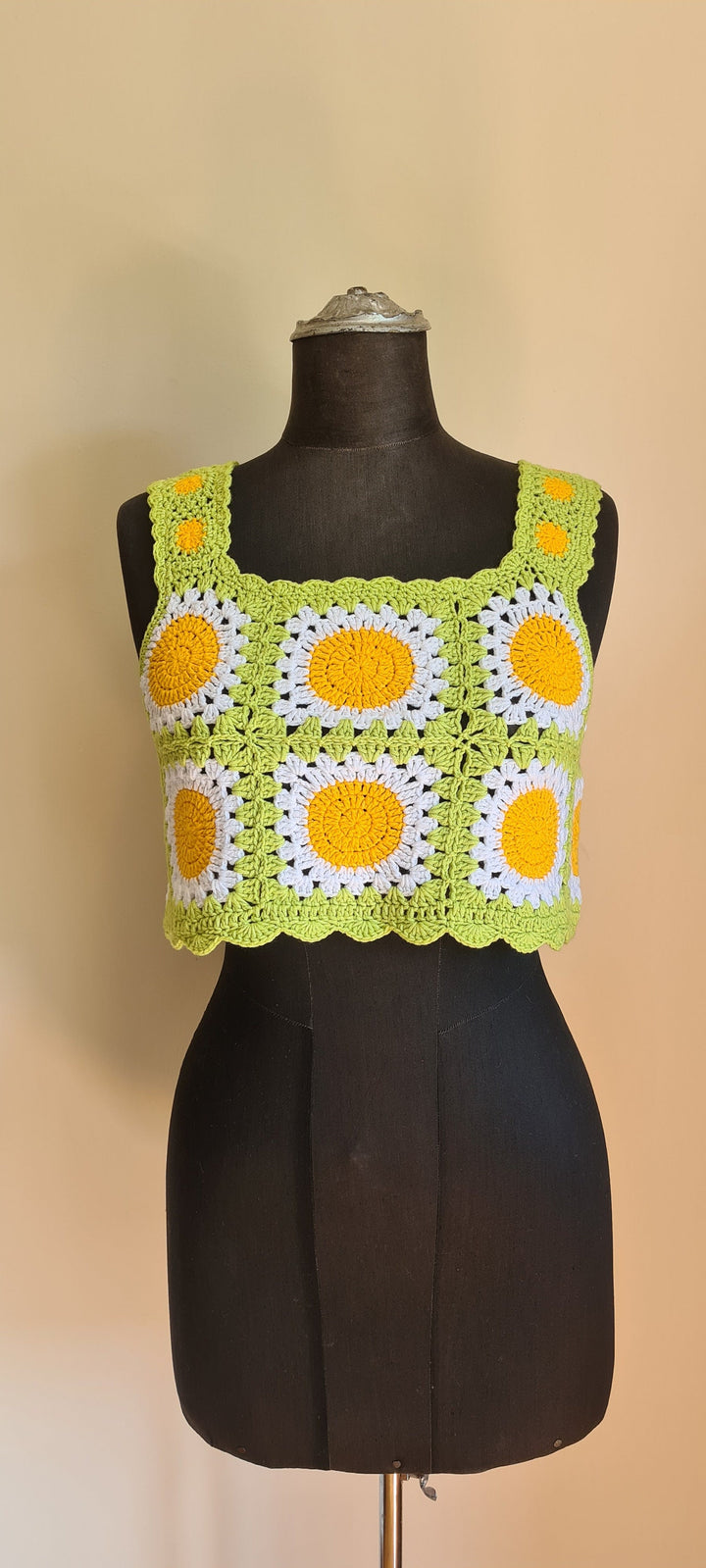 Ready to ship Green Crochet Festival Crop, Crochet Knitted Top, Granny Square Halter Top, Patchwork Crop, Summer Boho Hippie Top