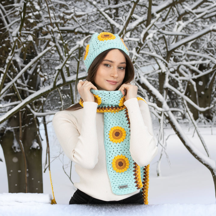 Sunflower Crochet Woman Scarf Beanie Set, Granny Square Hat, Knitted Scarf, crochet flower scarf, Knit Afghan Scarf, Winter accessory