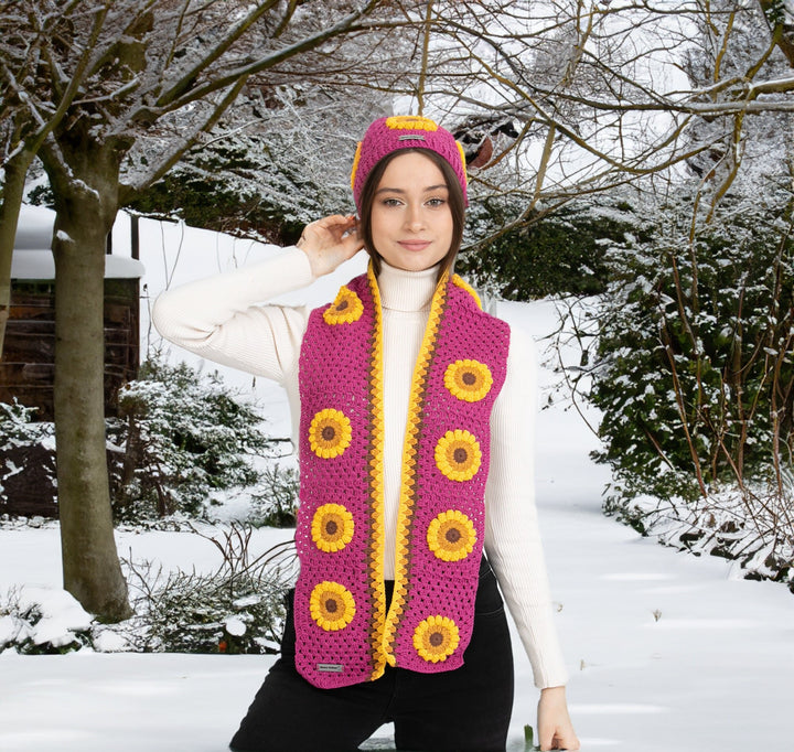 Fuchsia Sunflower Crochet Beanie, Woman Hand Knit Hat, Hand Knit Scarf, Crochet Woman Scarf, Afgab Style Scarf, crochet flower scarf