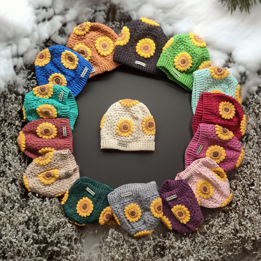 Sunflower Knitted beanie, Granny Square Crochet Hat, Knitted beanie, crochet bucket hat, Winter accessory, christmas gift for her