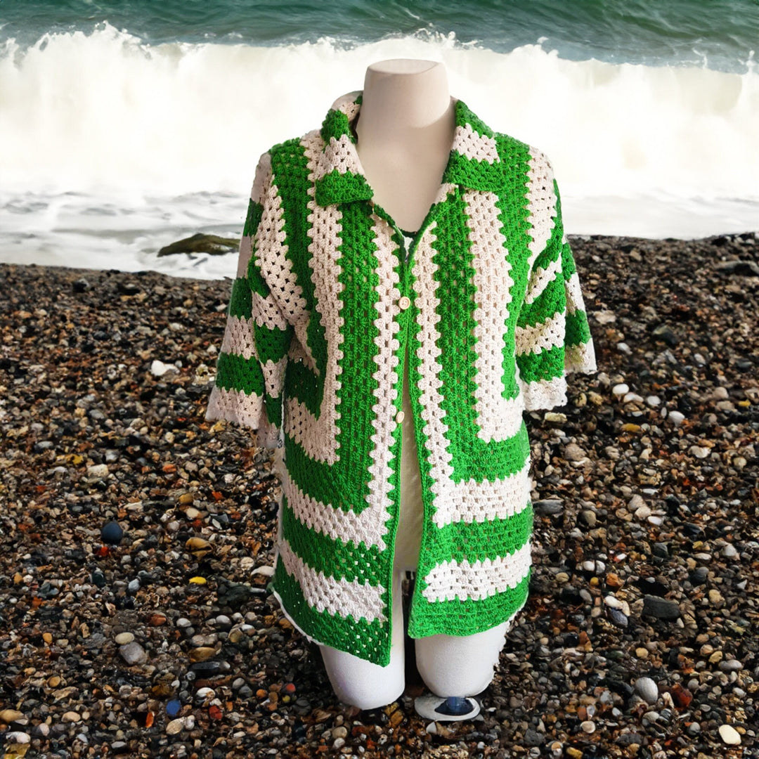 Ready to ship Green Crochet Shirt, Knitted Men Shirt, Crochet summer Unisex shirt, Crochet Vintage Style Men Shirt, Crochet Sweater Men