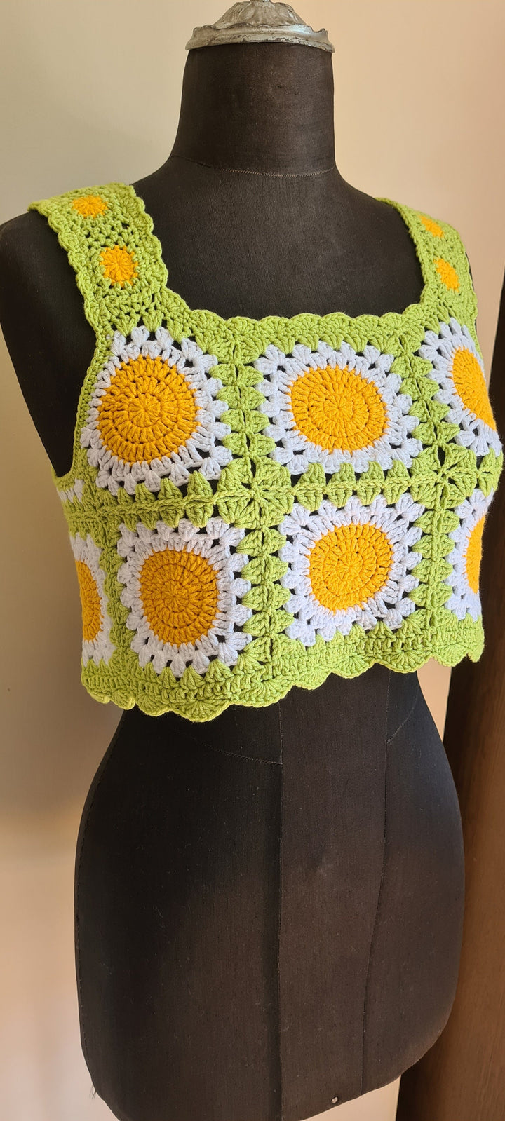 Ready to ship Green Crochet Festival Crop, Crochet Knitted Top, Granny Square Halter Top, Patchwork Crop, Summer Boho Hippie Top