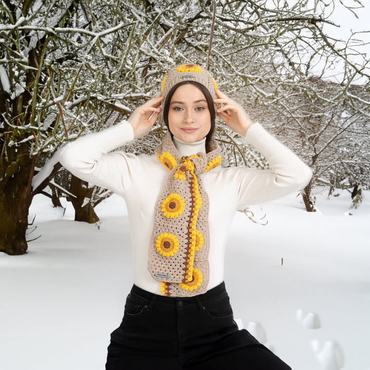 Brown Sunflower Crochet Beanie, Woman Hand Knit Hat, Hand Knit Scarf, Crochet Woman Scarf, Granny Square Scarf, knitted flower scarf set