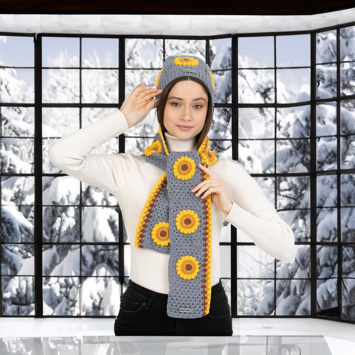 Gray Woman Hand Knit Scarf, Sunflower Crochet Beanie, Hand Knit Winter set, Crochet Woman Scarf, Granny Square Scarf, knitted flower scarf