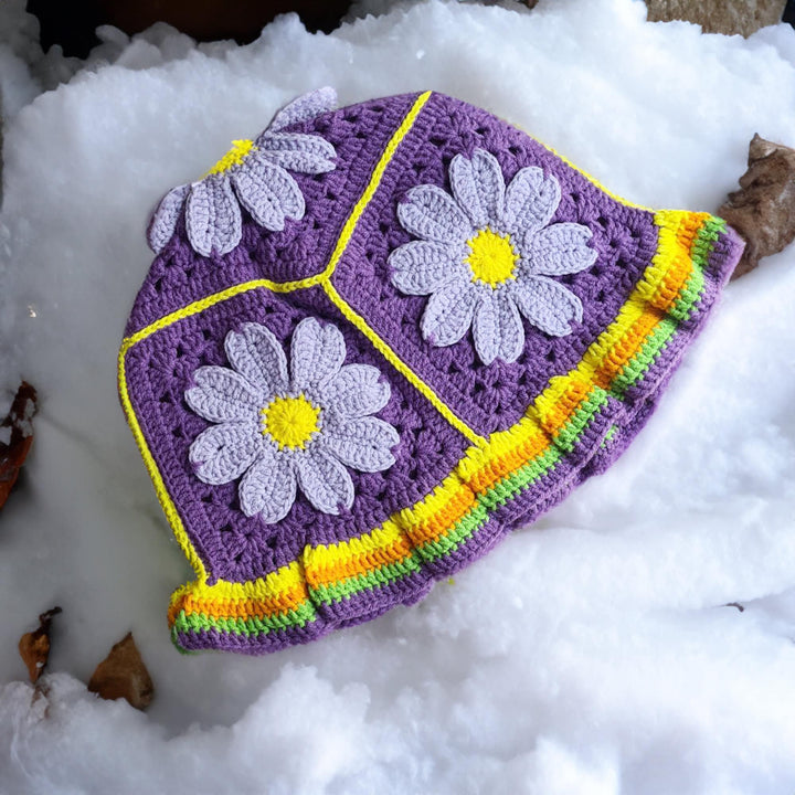 Hand Knit purple bucket hat, Colorful crochet bucket hat, knitted flower bucket hat, knit flower hat, festival hat, summer hat