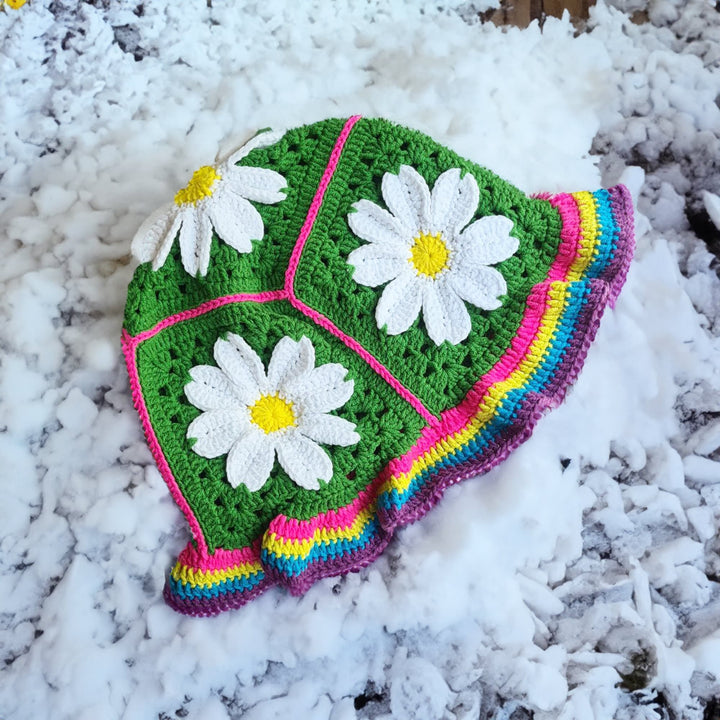 Green Knitted bucket hat, crochet bucket women hat, knitted flower bucket hat, knit flower hat, festival beach hat