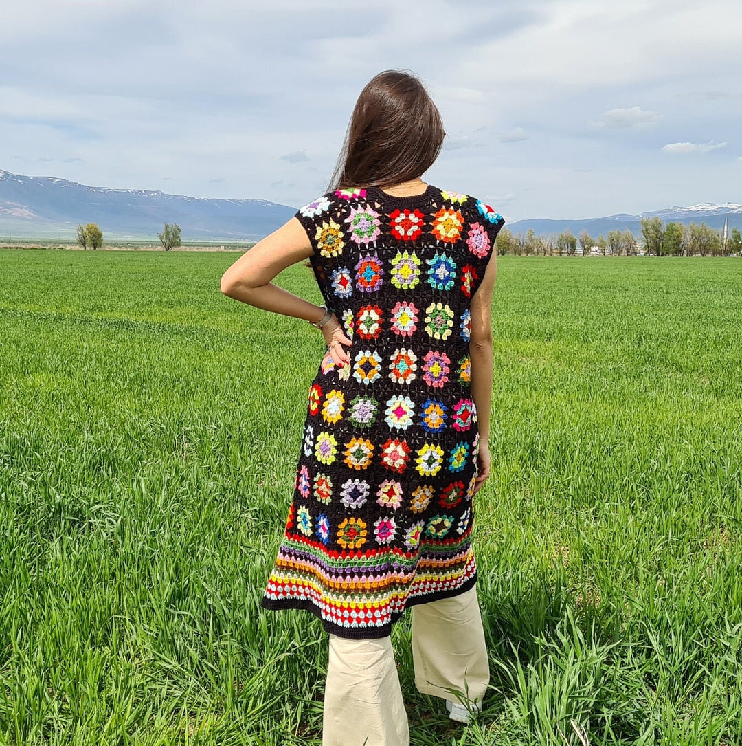 Ready to ship Black Long Waistcoat Tunic, Black Crochet Afghan Cardigan, Granny square Knit Cotton Patchwork Coat, Valentina Day's Gift