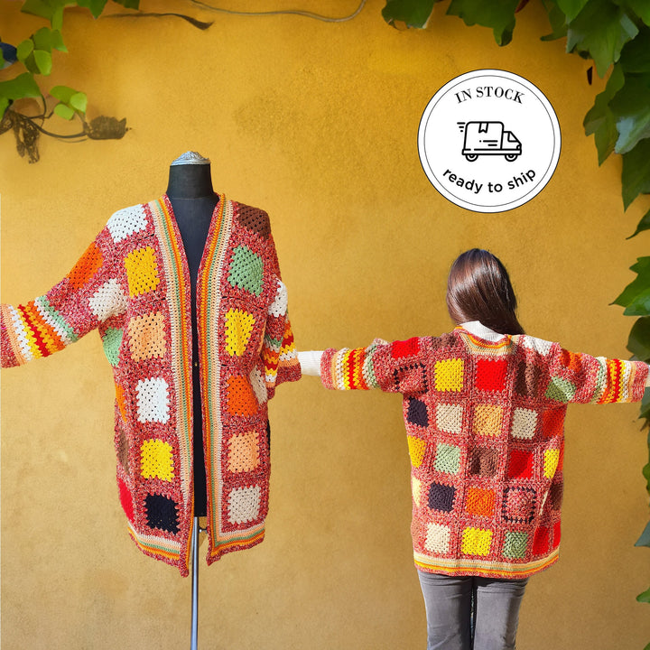 Ready to ship Knitted Patchwork Cardigan, Granny square Jacket, Crochet Cardigan women, Knit Coat, Cardigan sweaters for women