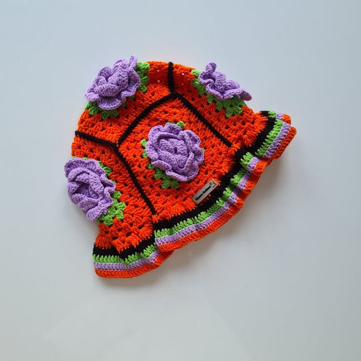 Ready to ship Orange Bucket Rose hat, crochet floral rose hat, child crochet hat, Knitted Rose Bucket hat, knit flower beanie, women hat