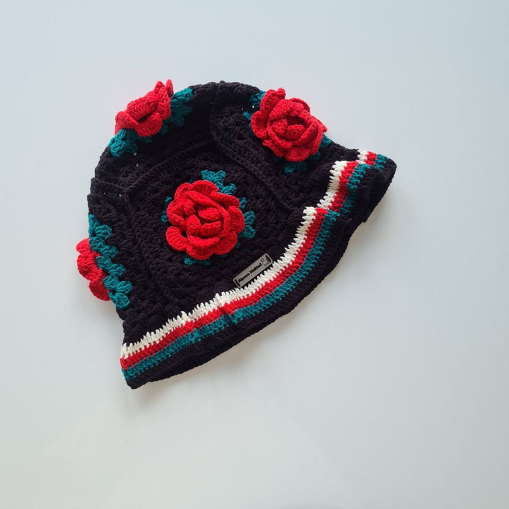 Ready to ship Black Knitted Rose Bucket hat, Hand knit bucket hat, knit flower beanie, festival knit hat, hippi hat, summer hat, knitted hat