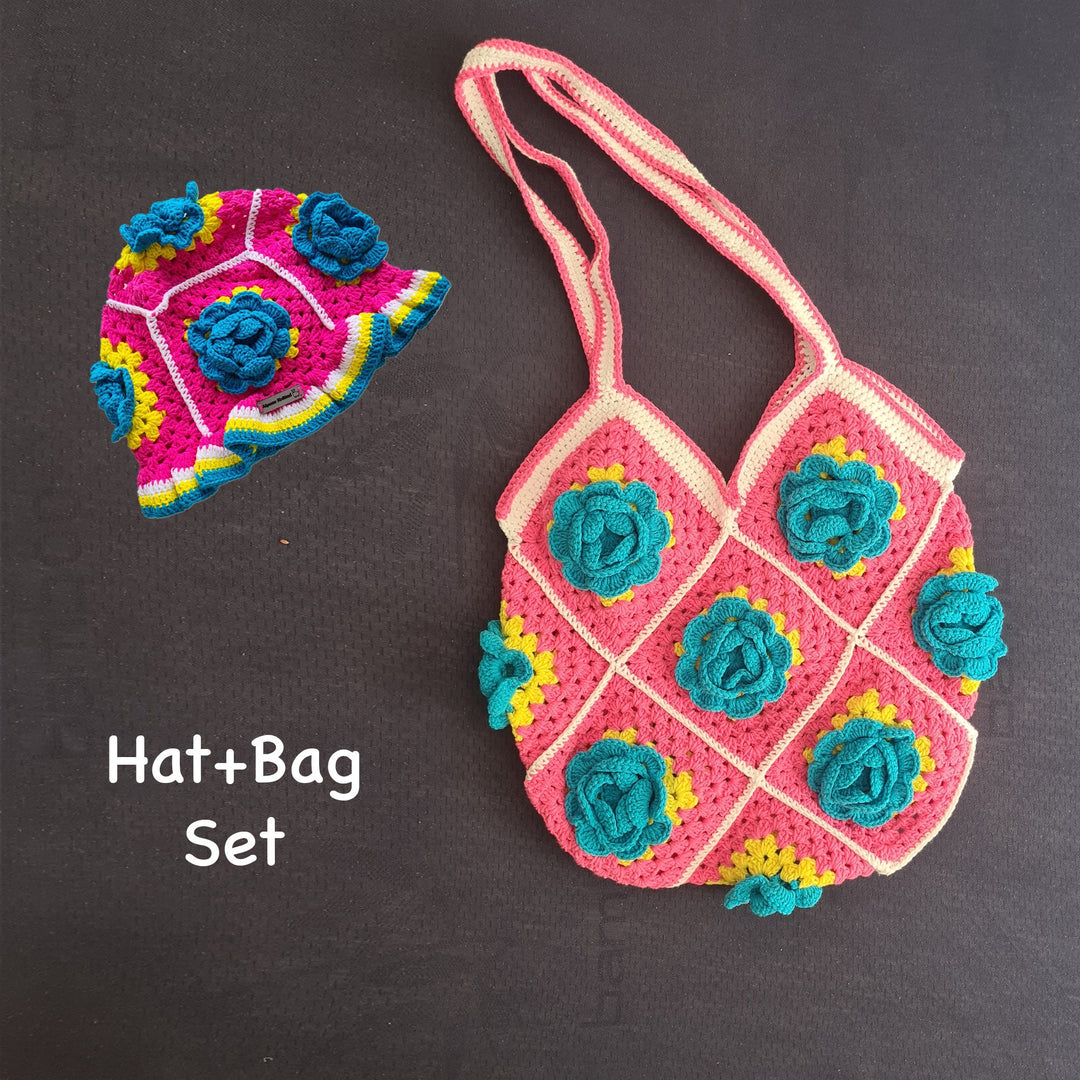 Fuschia Knitted Rose Bags, Hand Knit Floral Mini Bag, Granny Square Bag, Colorful Knitted Bag, Crochet Purse, Knit Bag