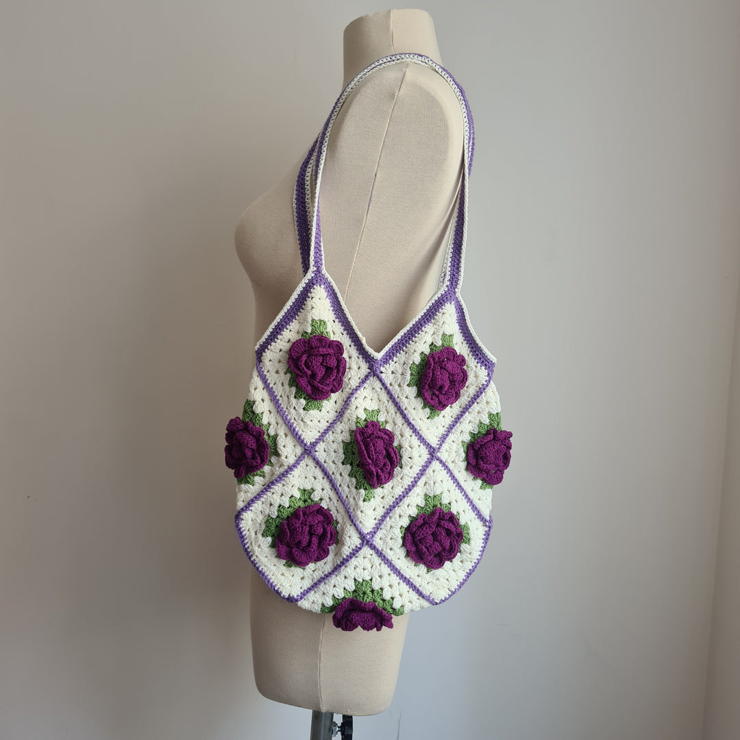 White Hand Knit Rose Bag, Crochet Shoulder Rose Bags, Hand Knit Floral Bag, Colorful Knitted Bag, Women knit bag, Festival Tote Bag