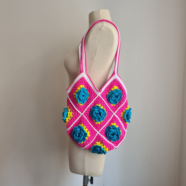 Fuschia Knitted Rose Bags, Hand Knit Floral Mini Bag, Granny Square Bag, Colorful Knitted Bag, Crochet Purse, Knit Bag