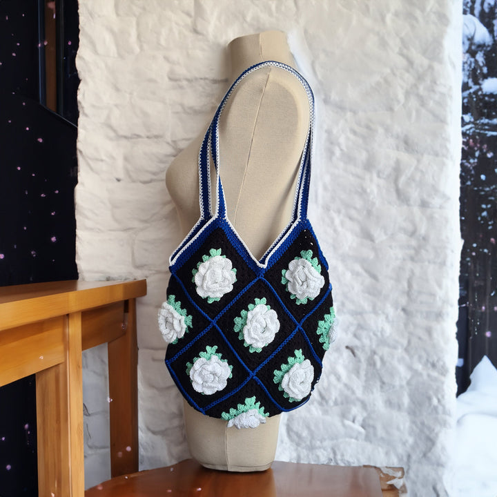 Ready to ship Black Crochet Purse, Shoulder Knitted Rose Bags, Hand Knit Floral Bag, Colorful Knitted Bag,Knitted Festival Tote Bag