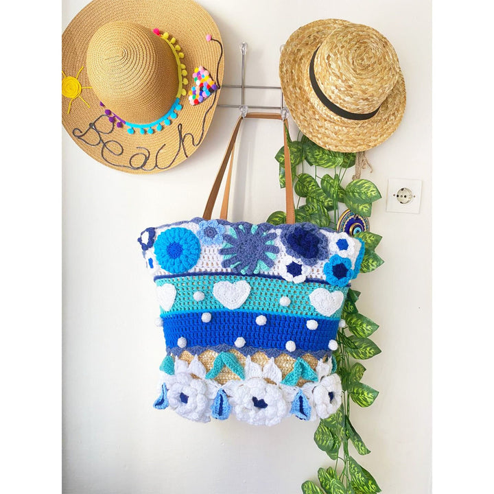 Blue Knitted Straw Floral Bag, Crochet Purse, Knit Daisy Colorful Bag, Crochet Straw, Hippie Bag, Summer Beach Bag, Christmas gift