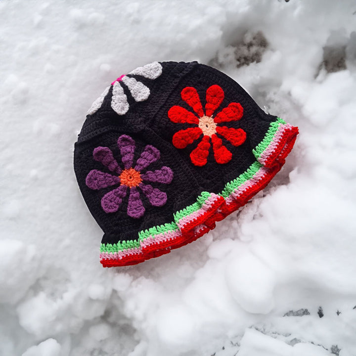 Black Crochet daisy bucket hat, hippi festival hat, knitted hat, winter hat, women hat, christmas gift her