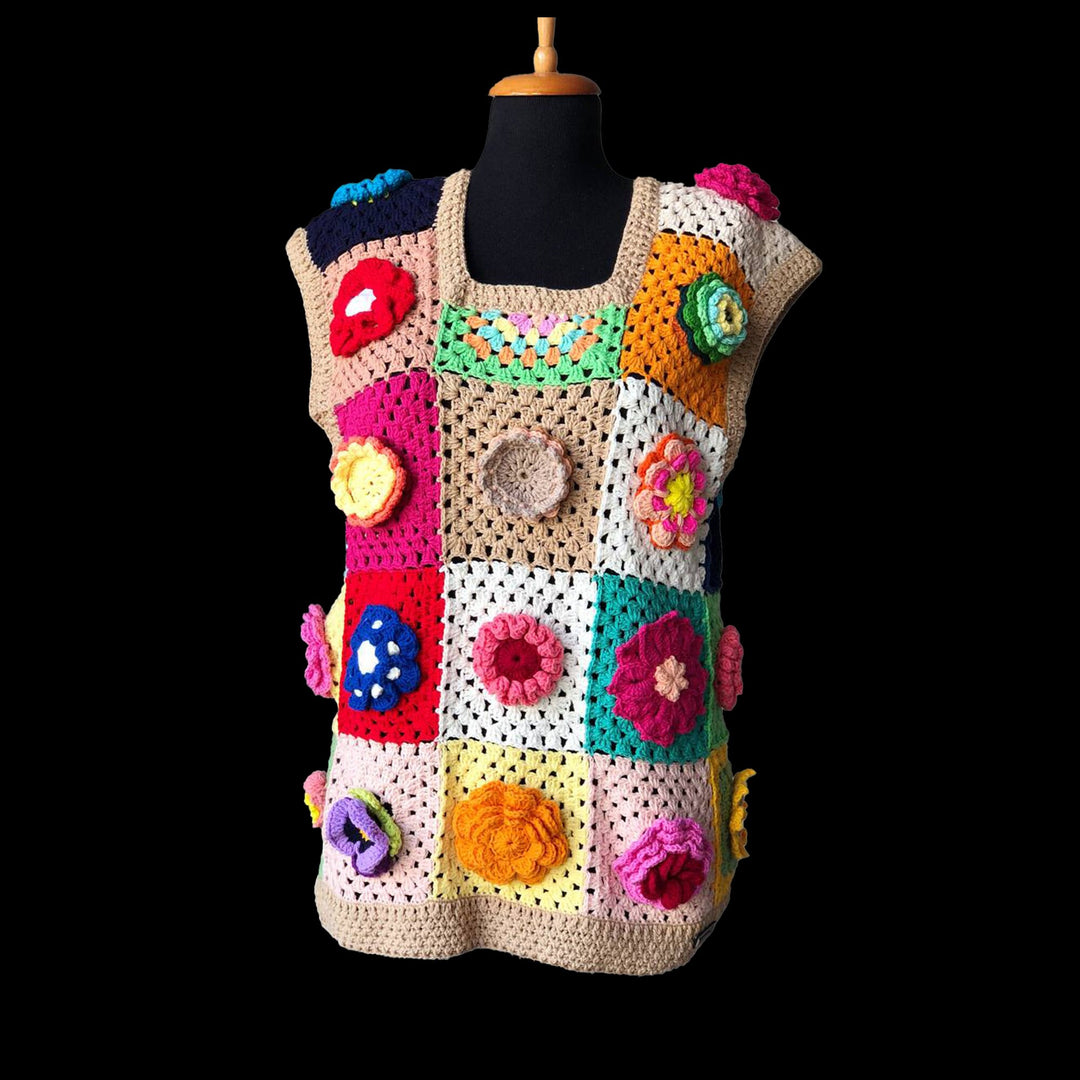 Crochet Vests, Granny Square Boho Top, Knitted Patchwork Sweater, Knitted Crochet, Boho Style Sweater, Hippie Festival