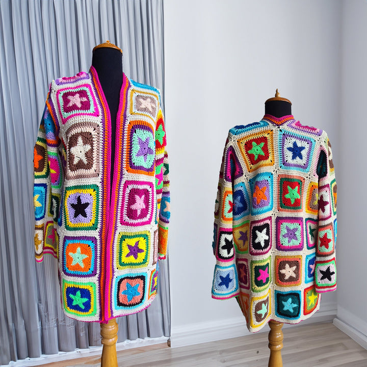 Ready to ship Granny Square Afghan Cardigan, Flowers Patchwork Jacket, Knitted Crochet Coat, Hooded Jacket, Boho Cardigan, Long Oversized