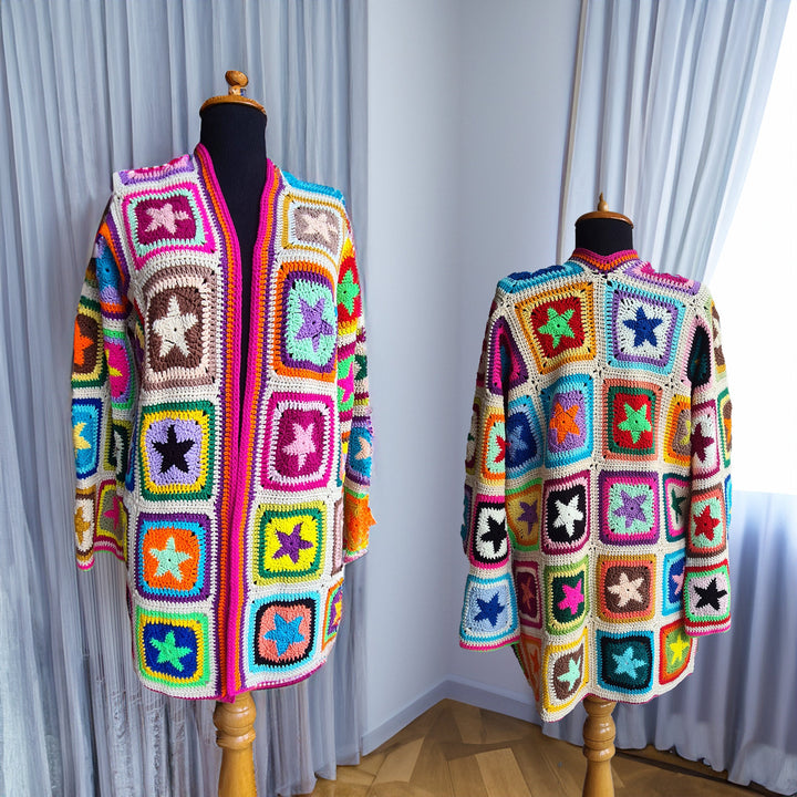 Ready to ship Granny Square Afghan Cardigan, Flowers Patchwork Jacket, Knitted Crochet Coat, Hooded Jacket, Boho Cardigan, Long Oversized