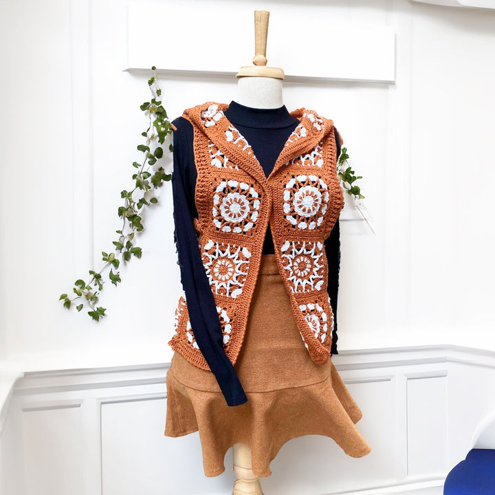 Caramel Crochet Floral Waistcoat Tunic, Knitted Daisy Jacket, Granny square Knit Cotton Patchwork Coat, Women Jacket, Christmas Gift