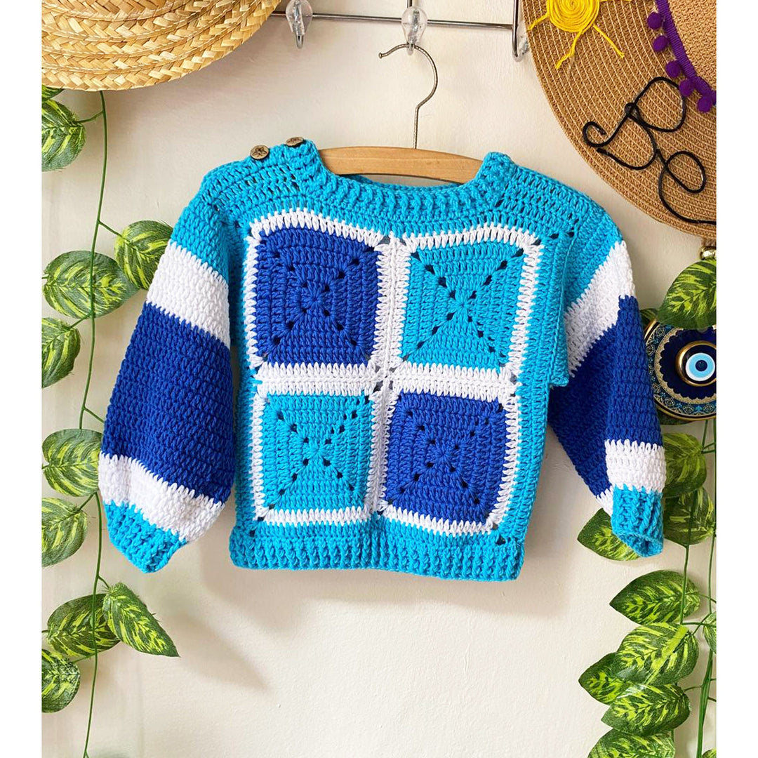 Blue Crochet baby sweater, knitted baby jacket, crochet kids cardigan, toddler granny square Top, Crochet Cotton Boho Kids Wear