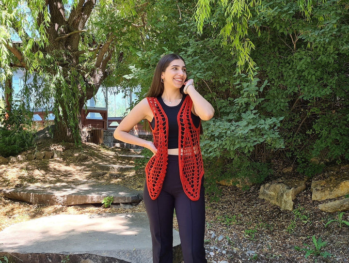 Red Crochet Woman Vest, Knitted Granny Square Vest, Knit Vest, Vintage Copper Vests, Woman Sweater, Summer Vest