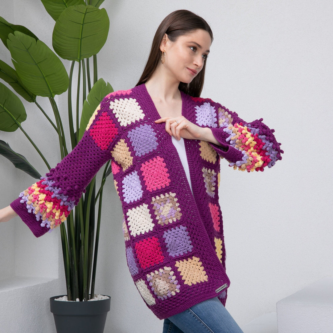 Ready to ship Purple Granny Square Crochet Cardigan, Patchwork Jacket, Knitted women Cardigan, Knit Coat, Cardigan sweaters for women