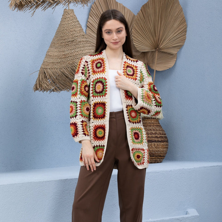 Ready to ship Bohem style Crochet Kimono, Beige Crochet Cardigan, Granny Square Afghan Cardigan, Knitted Crochet Coat, Patchwork Cardigan