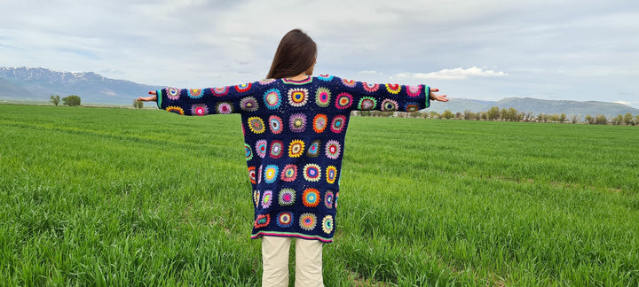 Ready to ship Crochet Blue Cardigan, Patchwork Woman Coat, Afghan Cardigan, Knitted Crochet Coat, Granny Square