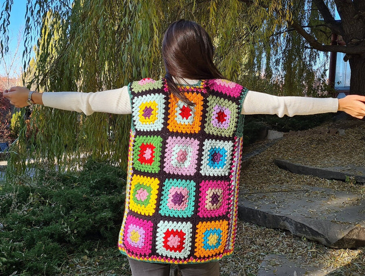 Colorful Waistcoat Tunic, Crochet Afghan Vest, Grannysquare Knit Cotton Patchwork Coat, Women Cardigan, Christmas Gift, Crochet gift