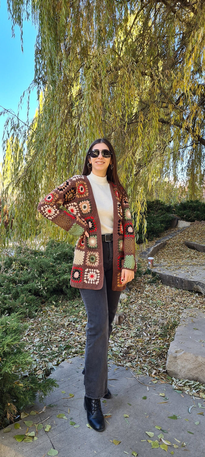 Brown Crochet Cardigan, Patchwork Jacket, Knitted Cardigan women, Granny Square Knit Coat, Cardigan sweaters for women, Afghan Crochet,