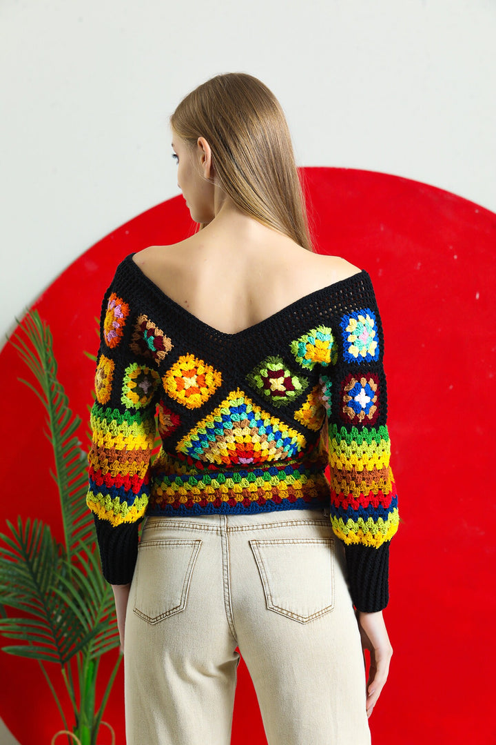 Colorful Knit Sweater, Crochet Granny Square Sweater, Crochet Top, Crochet Sweater for Women, Boho Style Sweater